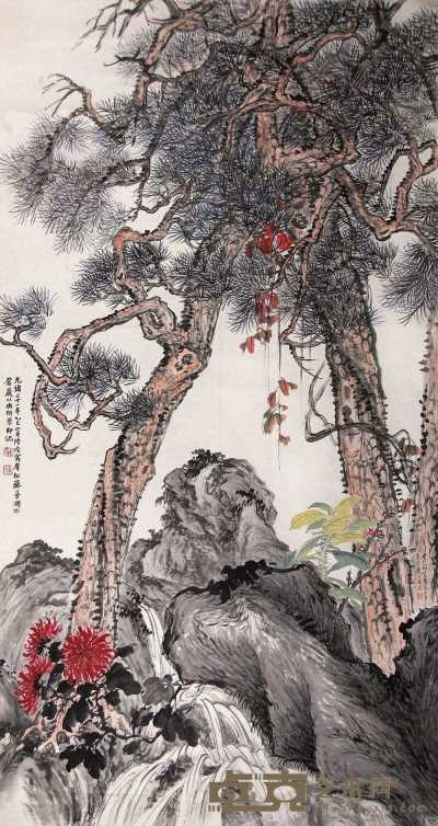 陆恢 金心兰 乙巳（1905年）作 群松藤蔓 镜心 178×94cm